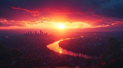 Stunning sunset over a city skyline with a winding river, showcasing vibrant colors and clouds