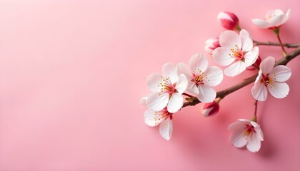 top view of tree branch with blooming spring flowers on pink background