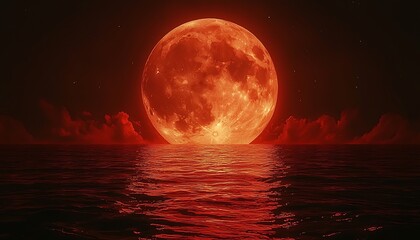 A large, red moon hangs low in the sky, reflecting its color onto the water below