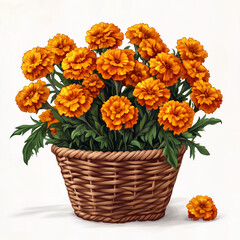 Basket with a bouquet of orange marigold flowers