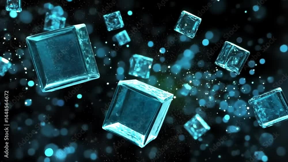 Poster dynamic floating glass cubes in motion with light sparkles