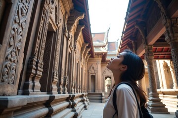 Naklejka premium Curious Asian Woman Tourist Examining Intricate Details of Ancient Buddhist Temple Architecture in Southeast Asia Travel