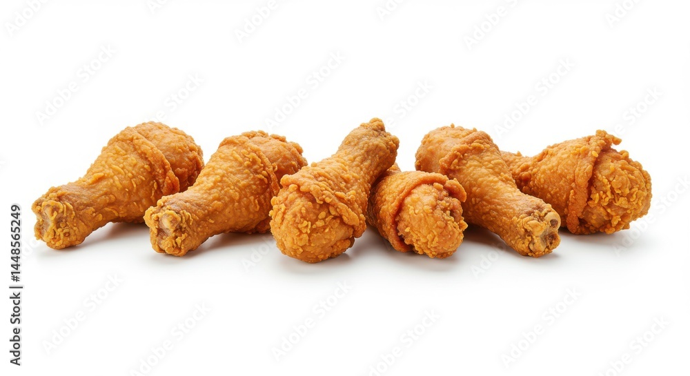 Poster a row of crispy fried chicken drumsticks arranged on a plain white surface in a studio setting