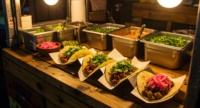 Tacos lined up with various toppings, a tasty street food experience, ready to eat.