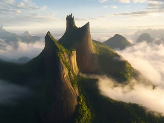 gigantic whale shaped mountains drifting through a golden mist