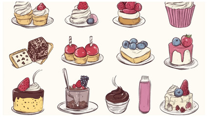 set of cakes and desserts