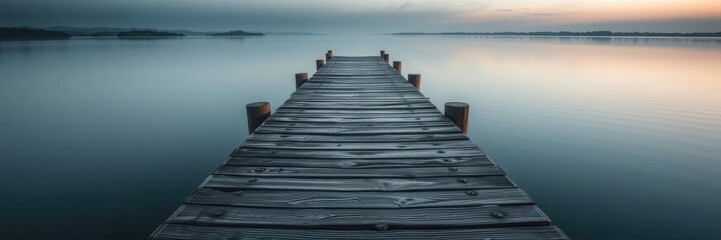 Obraz premium Serene Wooden Dock Extending into Tranquil Lake at Sunset