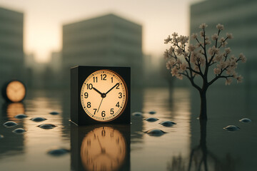 Minimalistic Clock and Blossom Tree in Urban Reflection