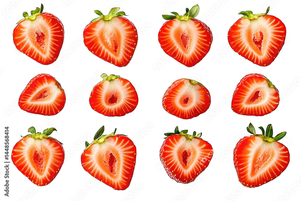 Poster a vibrant display of fresh. sliced strawberries arranged in a grid pattern. showcasing their juicy r