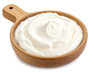 Cream cheese in a wooden bowl isolated on white background