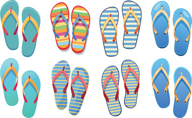 vector flip flops on the beach, striped colorful, summer theme