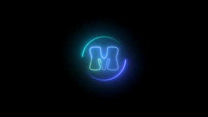 Neon alphabet letter m illustration black background.