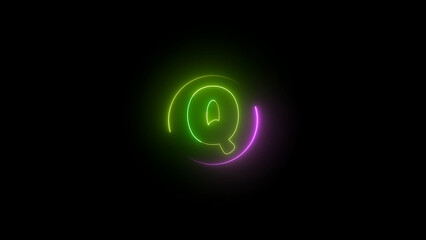 Neon alphabet letter q illustration black background.