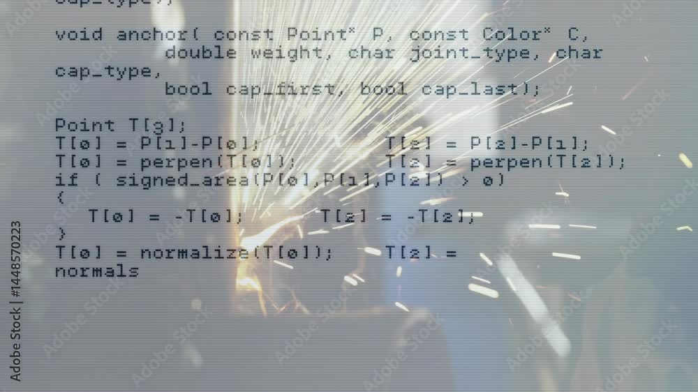 Aufkleber female welder operating torch in industrial workshop, blending bright sparks with c++ code overlay
