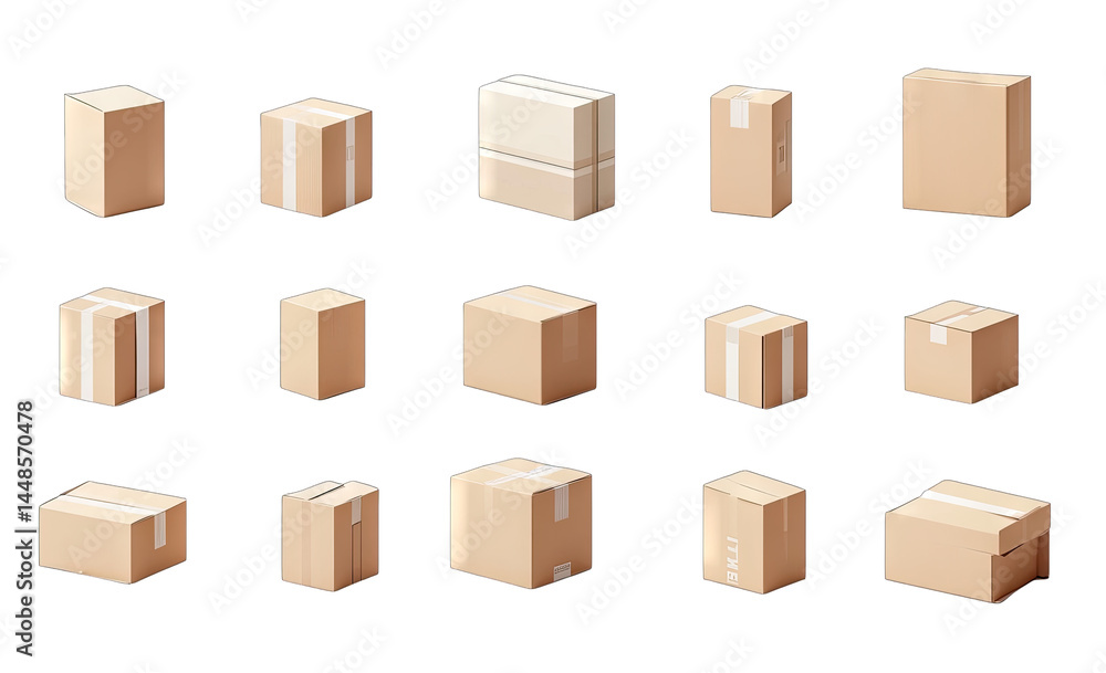 Poster a collection of various cardboard boxes in different sizes and orientations. showcasing packaging ma