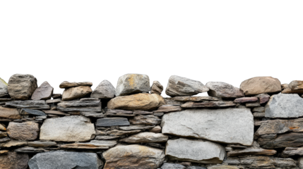 A rustic stone wall constructed with various sizes of natural stones. showcasing a blend of earthy colors. set against a clear sky. ideal for background use in nature-themed projects