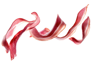 Bacon Strips In Free Fall  isolated on a transparent background