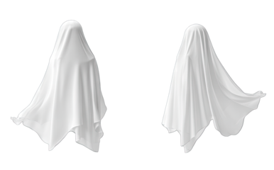 Two ghostly figures draped in flowing white fabric stand side by side. creating an ethereal atmosphere. while a misty. moonlit background adds to the haunting ambiance