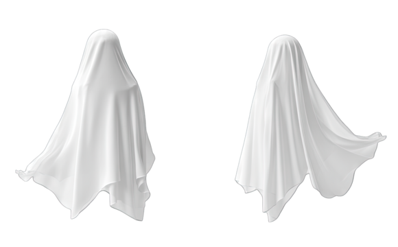 Two ghostly figures draped in flowing white fabric stand side by side. creating an ethereal atmosphere. while a misty. moonlit background adds to the haunting ambiance