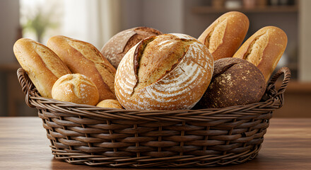 A woven basket brimming with assorted, freshly baked loaves of bread on a wooden table.