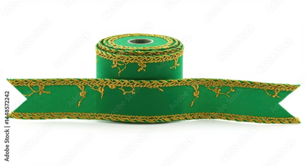 Poster a roll of green ribbon with gold trim displayed on a white background in a studio setting view