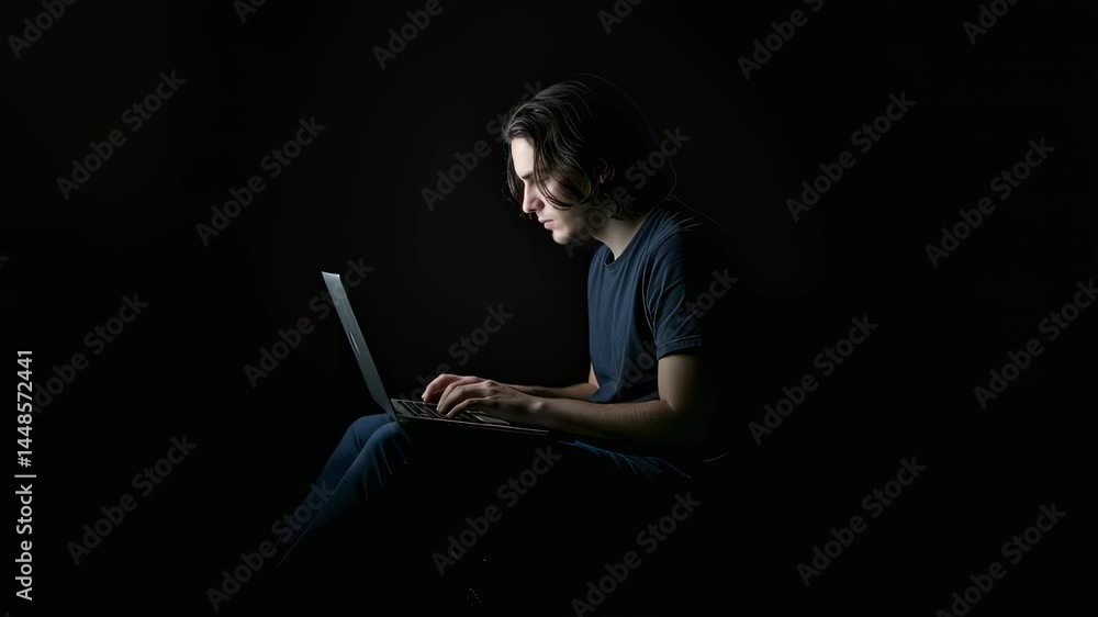 Poster man working on laptop in dark room. person coding at night. remote work and online job. modern techn