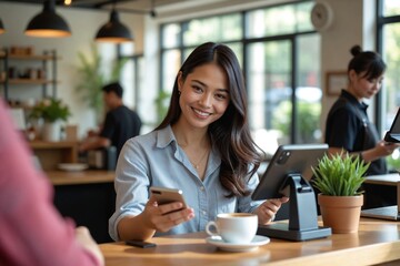 Cashless Transaction: Happy Asian Woman Using Phone's NFC Feature for Easy Coffee Purchase at Cafe (Premium)