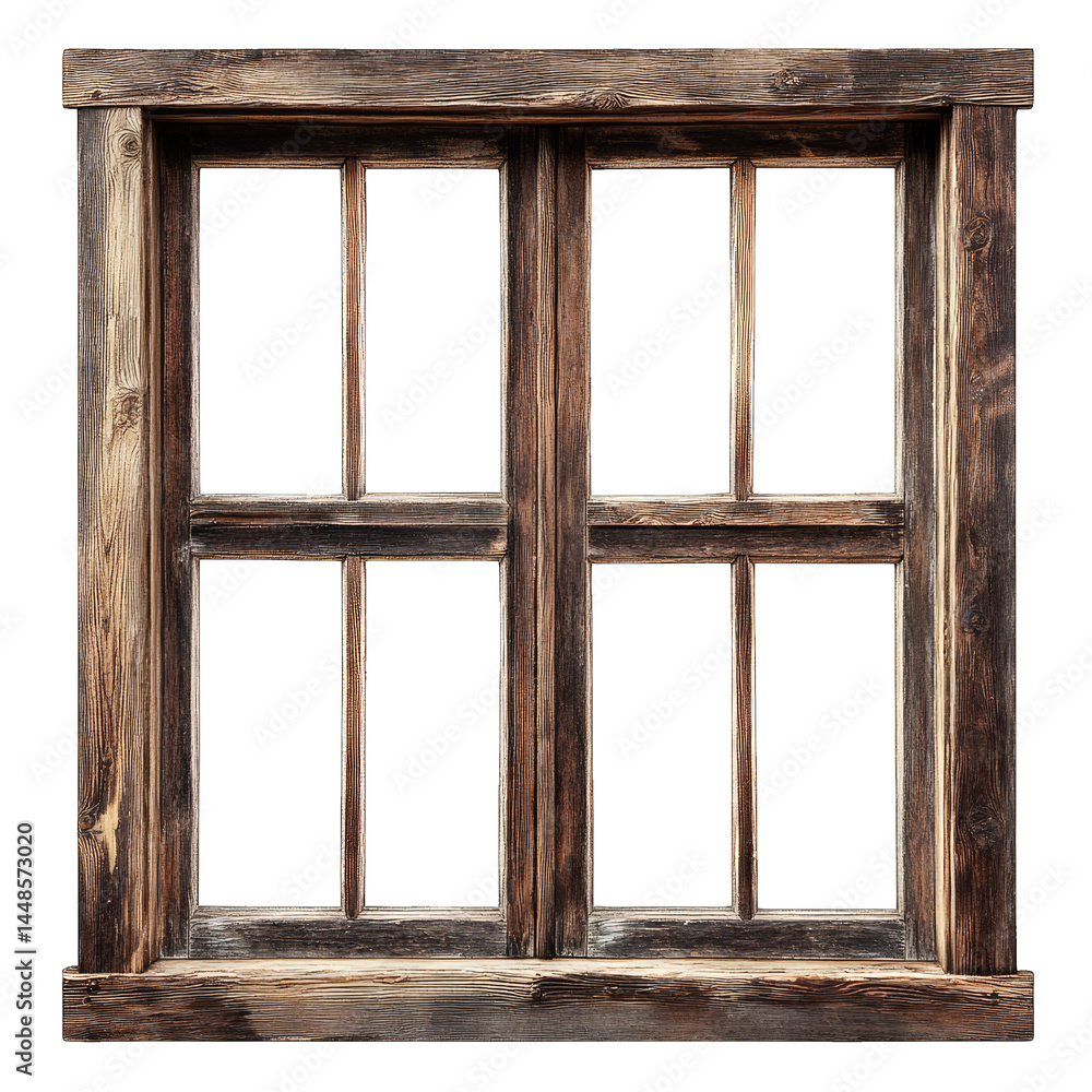 Poster a rustic wooden window frame showcasing intricate craftsmanship. set against a transparent backgroun