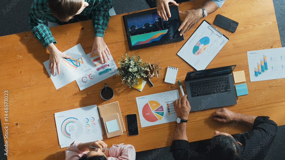 Poster top view of business team attend meeting while prepare working and analyzing data. group of diverse 