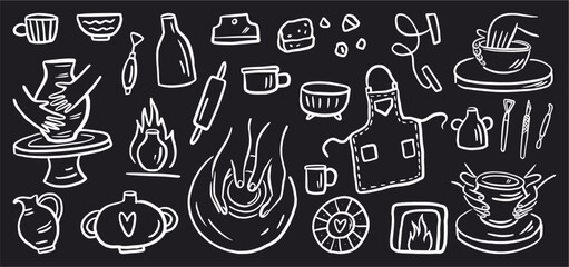 Vector set of pottery workshop elements, tools for handmade clay modeling, hand drawn in doodle style