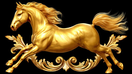 Stunning golden horse galloping gracefully, surrounded by ornate decorative frame, exuding elegance and luxury. vibrant gold color shines against black background, creating striking visual impact