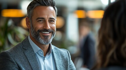 Smiling businessman meeting colleague, office background