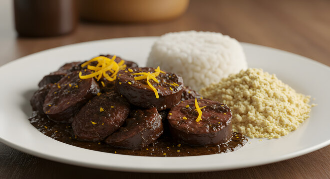 A close-up of a traditional Brazilian morcela dish, beautifully presented with rice and farofa.