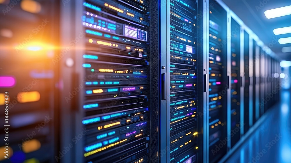 Poster futuristic data center interior with colorful glowing server racks and high tech ambiance, ideal for