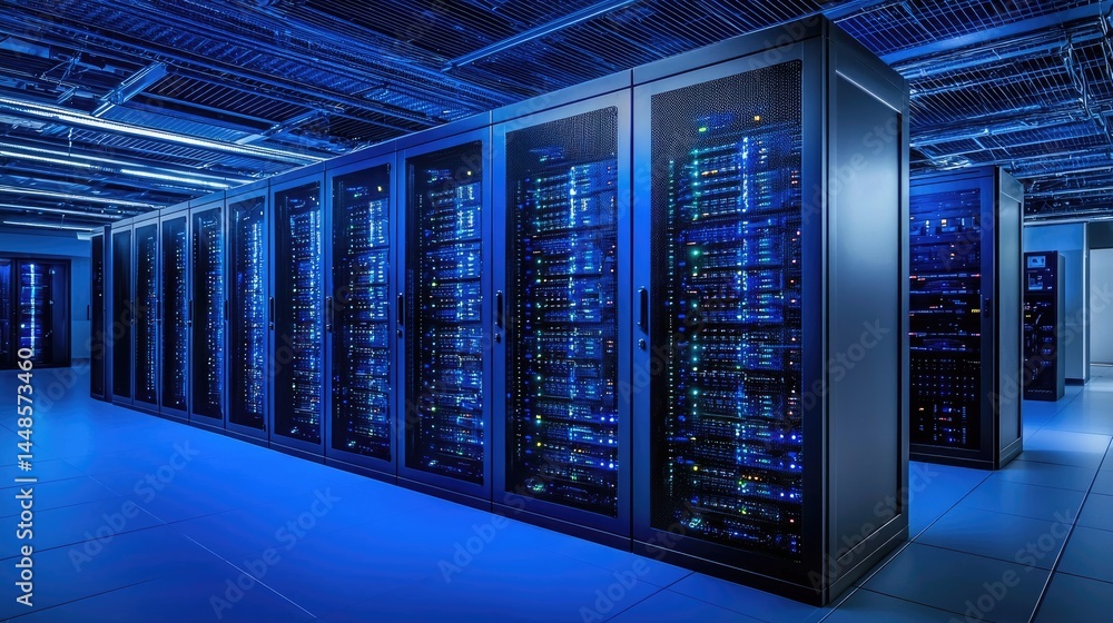 Aufkleber High security blue server room filled with racks and wires under modern lighting, great for illustrating hosting, cloud computing or IT infrastructure themes