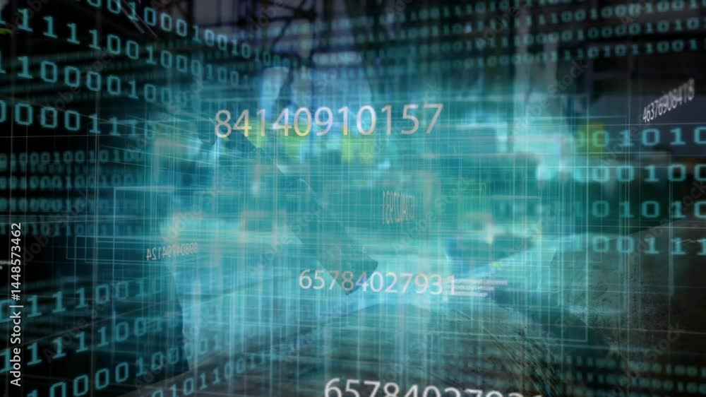 Aufkleber Technology interface displaying grid panels with streaming binary code and floating decimal numbers