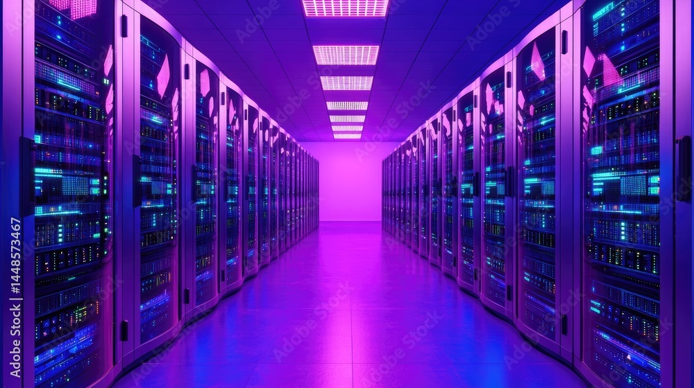 Fototapete colorful illuminated data servers line both sides of a hallway, ideal for it presentations, web host