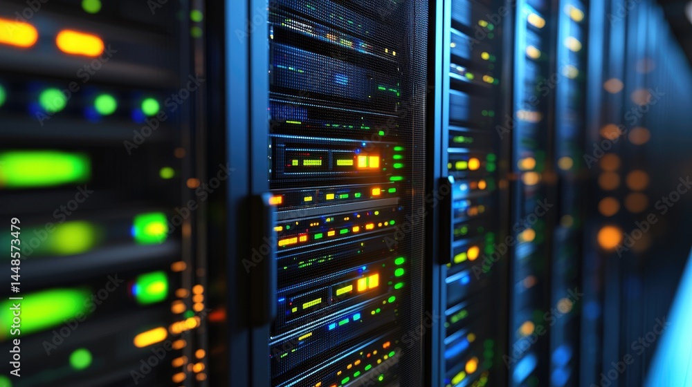 Poster Detailed close-up of glowing data server racks with vibrant indicators, great for illustrating technical concepts in IT, cybersecurity, and cloud computing