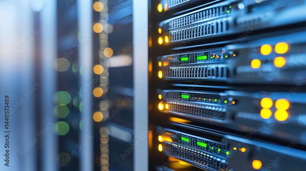 Poster modern server room with glowing orange and green led indicators and defocused background, great for 