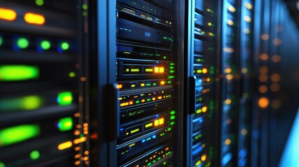 Detailed close-up of glowing data server racks with vibrant indicators, great for illustrating technical concepts in IT, cybersecurity, and cloud computing