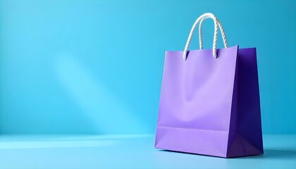 purple shopping bag with white ropes on blue
