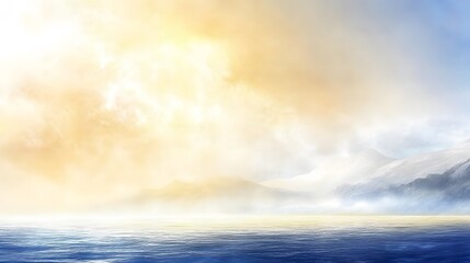 Obraz premium Serene Misty Mountains Sunrise Ocean Landscape