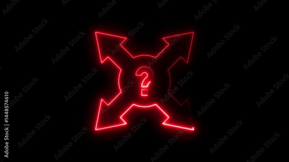 Poster red neon question mark with arrows signifying decision and direction concept