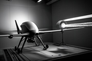 UAV secured in a wind tunnel with silver smoke airflow trails, engineers analyzing data on tablets. Advanced drone testing, aerodynamic research, and innovation in controlled laboratory environment.