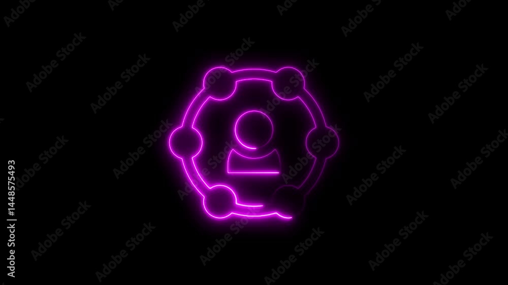Poster glowing neon animation of a person inside a connected network symbol on black background