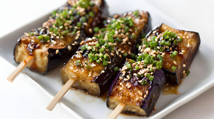 Grilled Miso Dengaku Eggplant and Tofu Skewers on Plate with Sesame and Green Onion Garnish