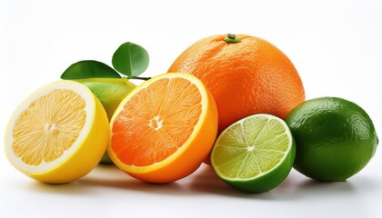 Citrus Fruits Green Lime, Lemon, Orange, Grapefruit, and Tangerine Isolated on White