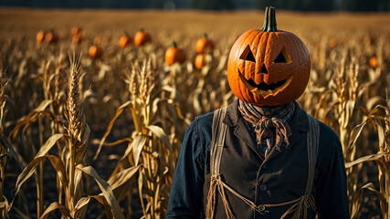 A smiling pumpkin-headed scarecrow is in a field of wheat, perfect for Halloween celebrations.