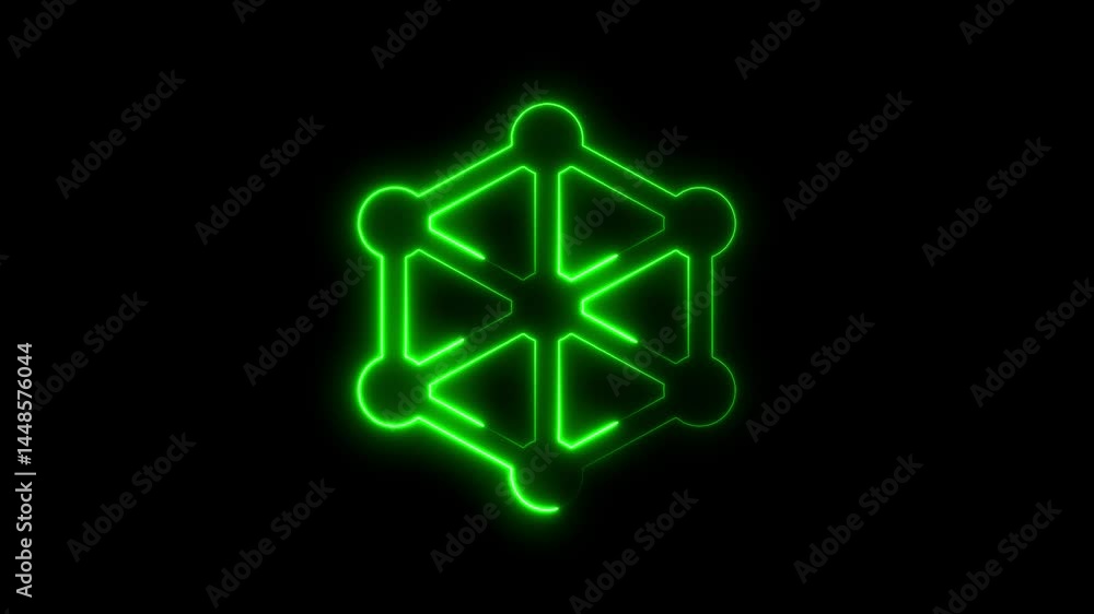 Poster glowing green neon cube structure against a dark black background with animation