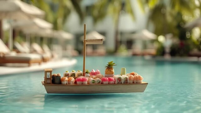 Wooden tray with various sushi pieces floats on the surface of a swimming pool at a tropical resort.
Concept of luxury lifestyle, exotic dining.